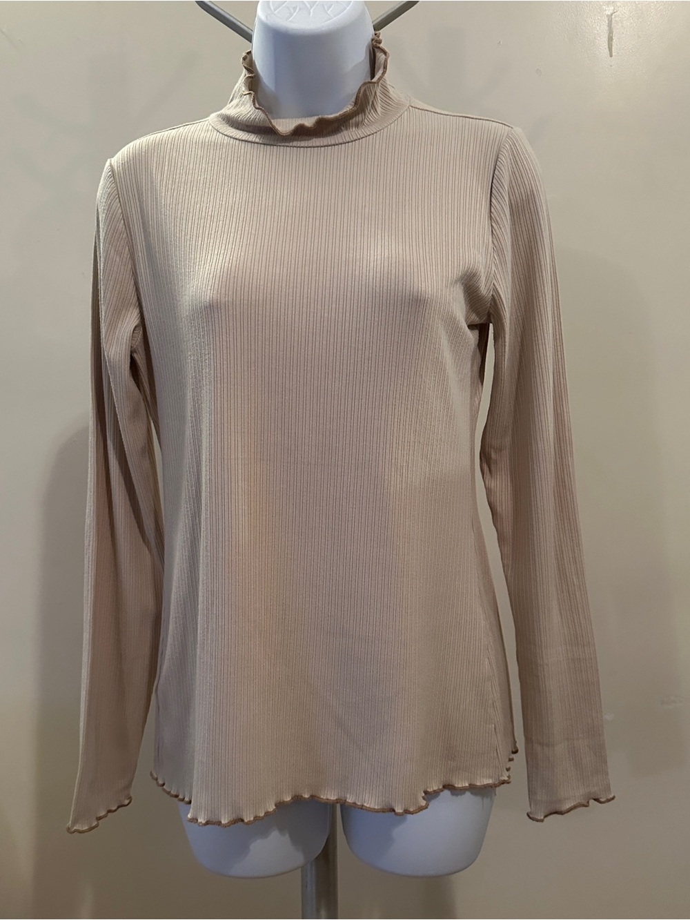 Ann Taylor Beige Ribbed Ruffle Mock-Neck Long Sleeve Top